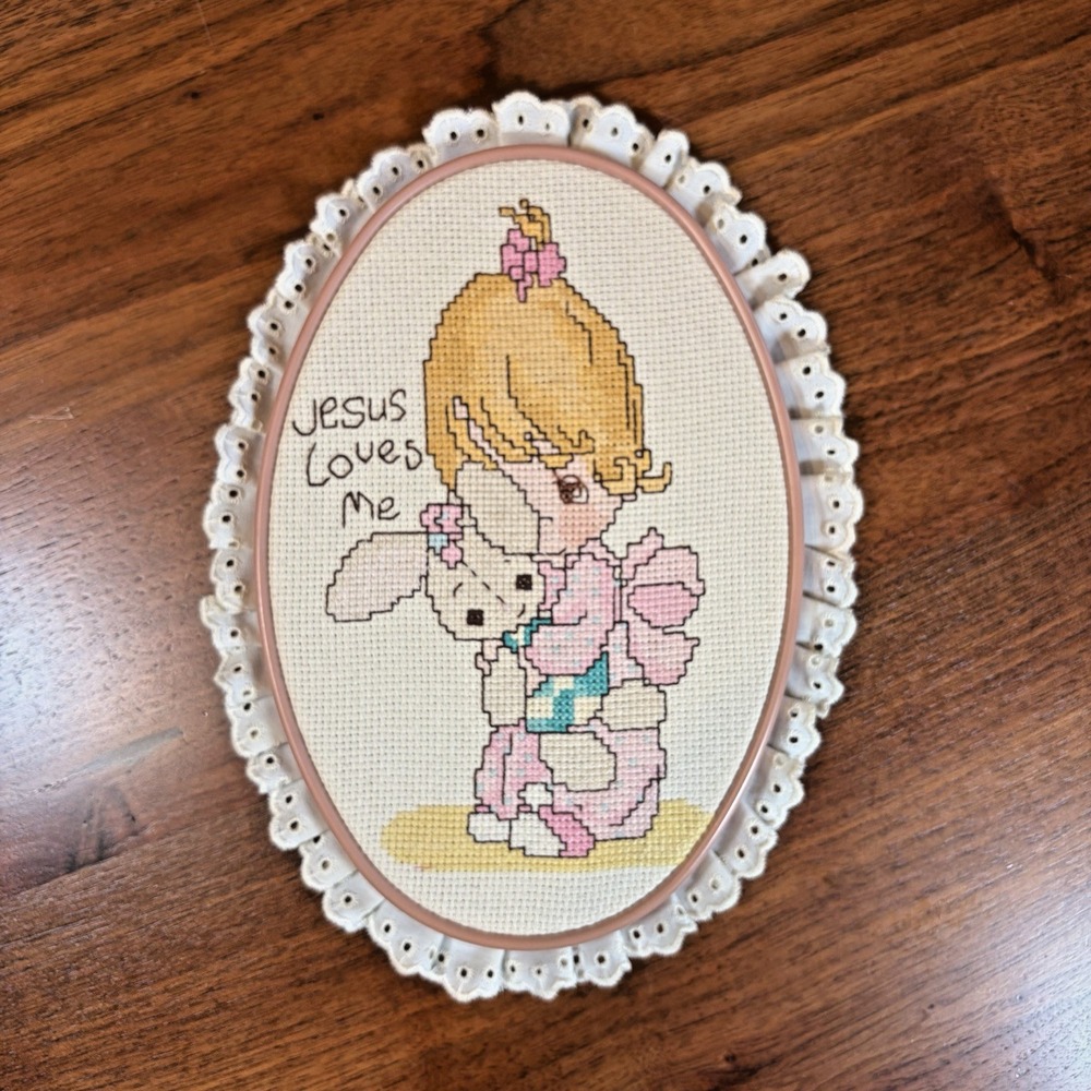 Precious Moments Cross Stitch Framed Jesus Loves Me Girl Rabbit Lace Trim 9x7